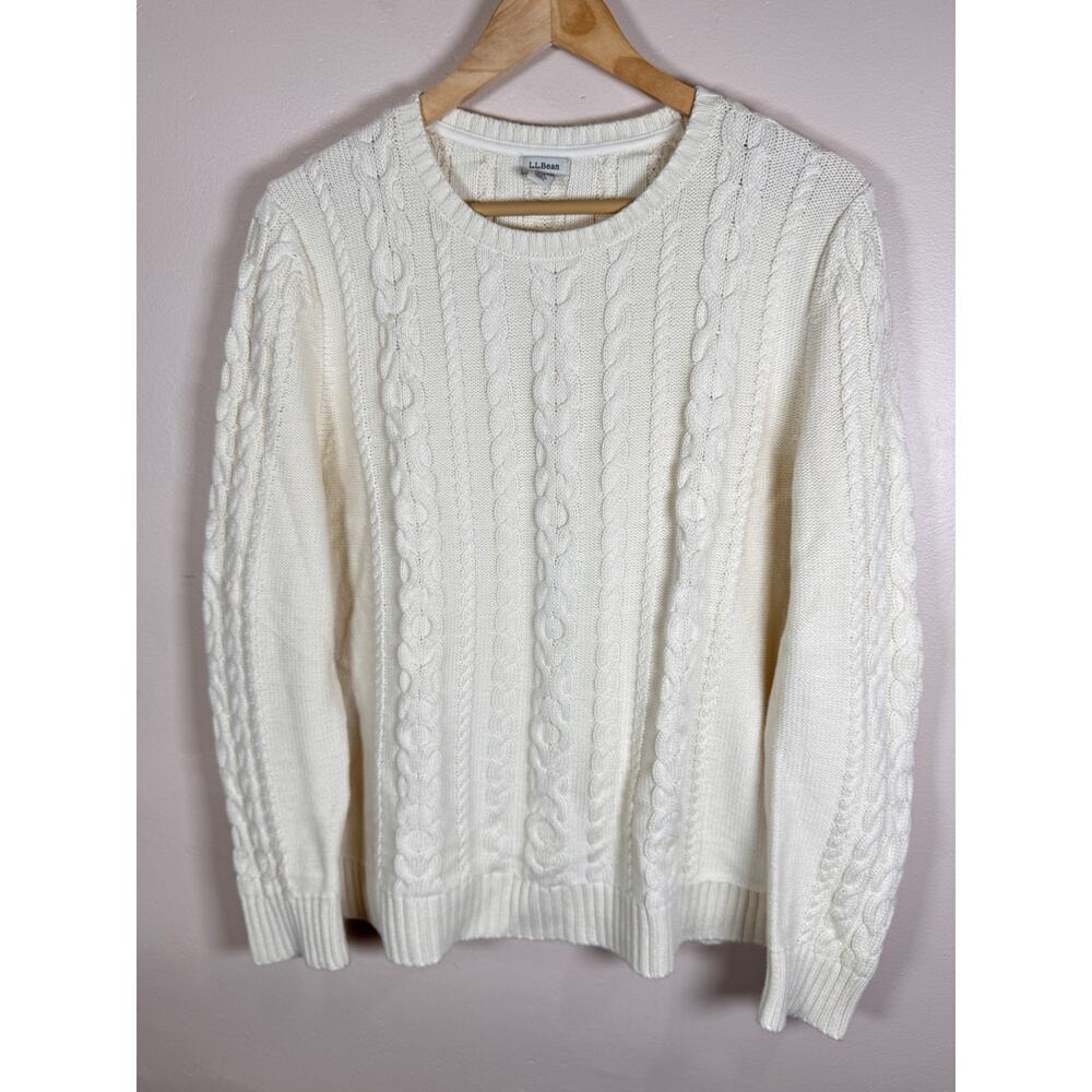 L.L. Bean Womens Sweater Fisherman Cable knit Crewneck Cream Plus Size 1X Preppy